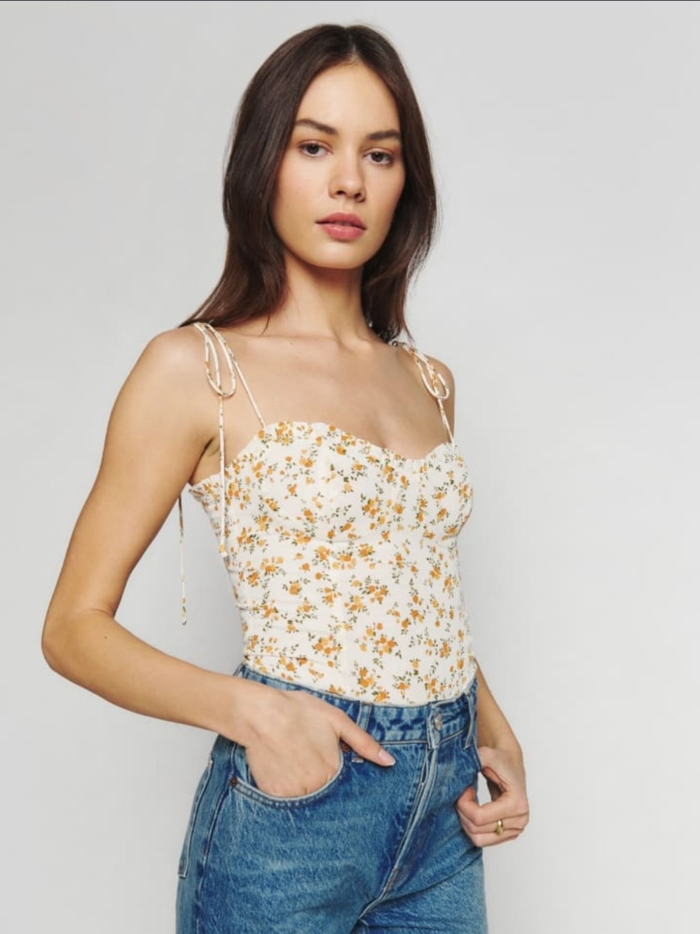 Reformation Novena Yellow & White Floral Top Fitted Bust Sz 6